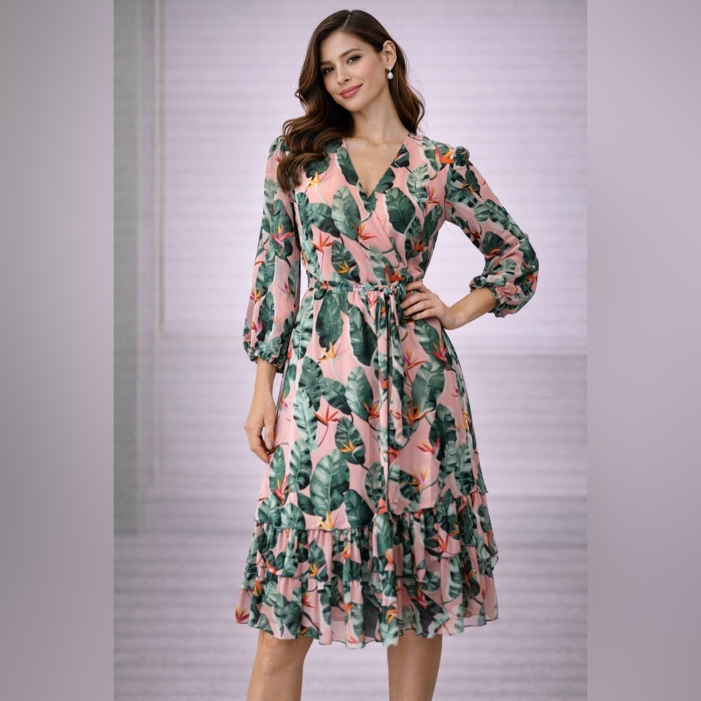 Eva Menedes A Line Dress L Large Floral Faux Wrap Career Church NWT NEW Washable